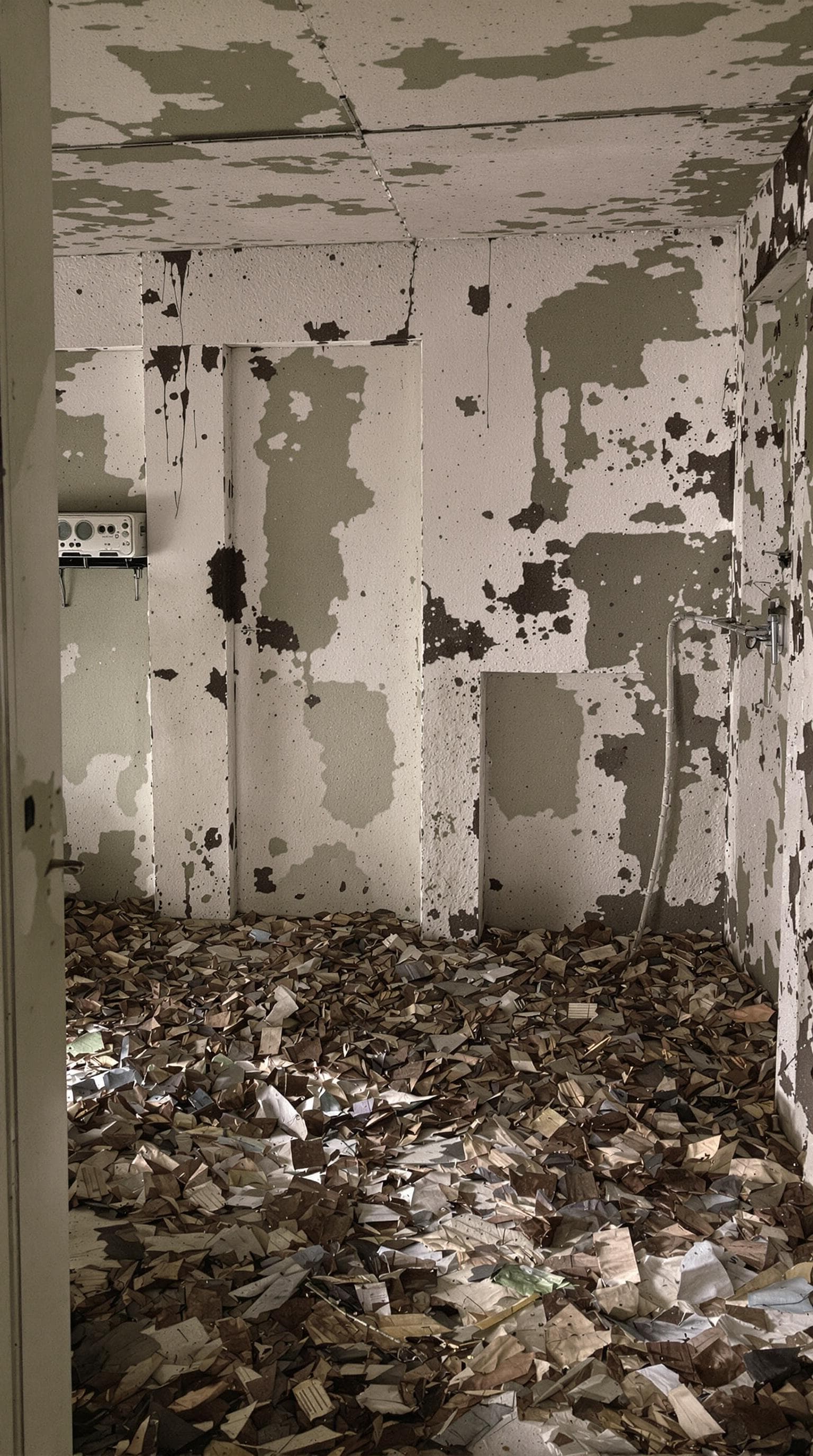 AI generated: un cuarto  en una casa de chernobyl  llena de mascaras de gas