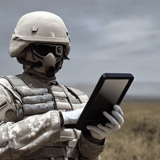AI generated: futuristic depiction of a soldier paramedic in advanced combat gear using a portable device for tele...