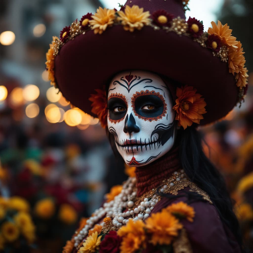 AI generated: Dias de los Muertos Parade in Mexico City, high-resolution photography, ultra-realistic --ar 1:2 --s...