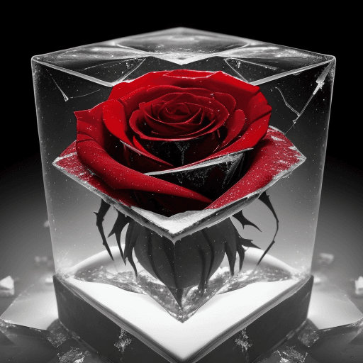 AI generated: close-up photo of a beautiful red rose breaking through a cube made of ice , splintered cracked ice ...