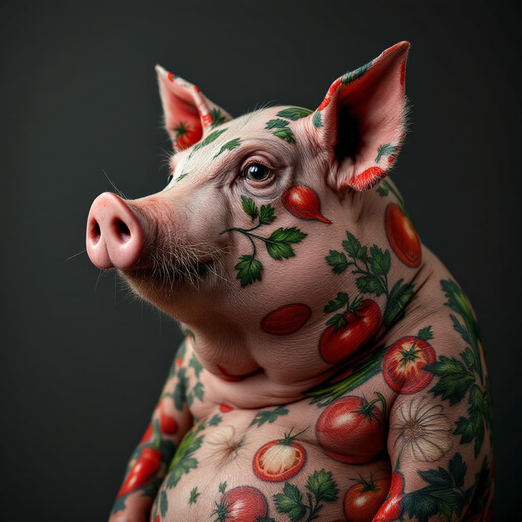 AI generated: photo close up, studio portrait, 
 hairless big fat pig thin lines tattooed with tomatos, onions, ce...