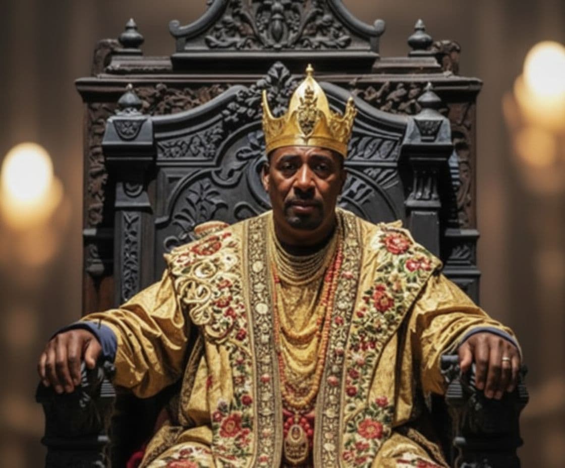 AI generated: recreate the Portrait of the king's medium shoton the throne with a 85mmlens 1.2