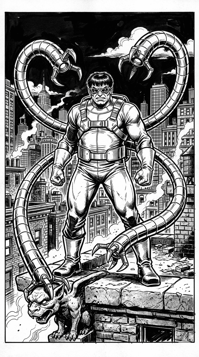 AI generated: Génère un portrait du Docteur Octopus, Dans le style de John Buscema