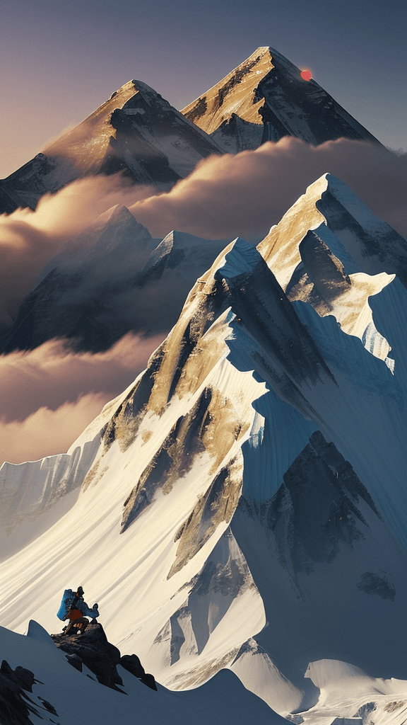 AI generated: Hiker in the top of the mountain , looking everest mountain, sunrise, a lot of clouds in the top of ...