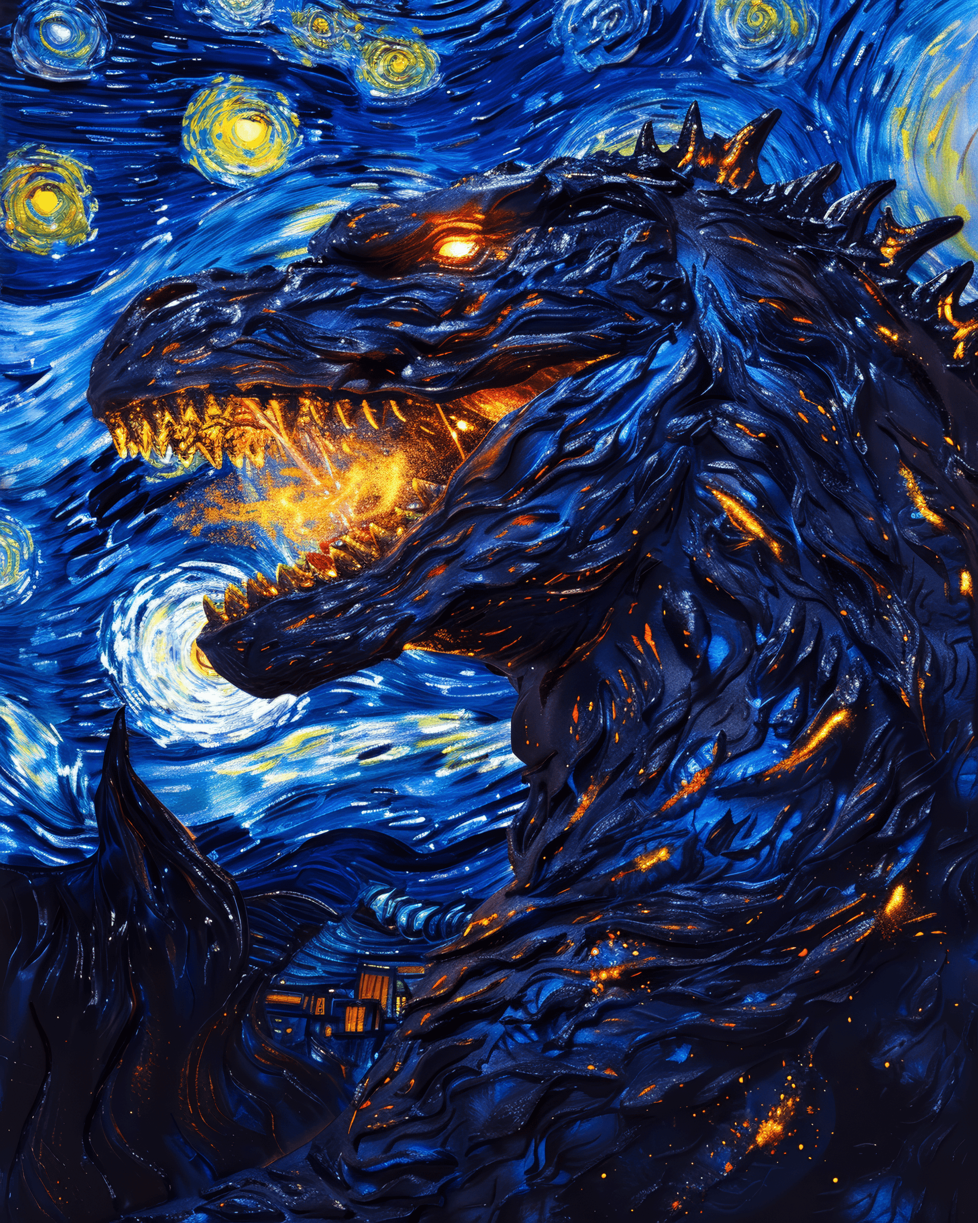 AI generated: Godzilla, shooting lasers from its mouth destroying buildings in the style of Van Gogh's Starry Nigh...