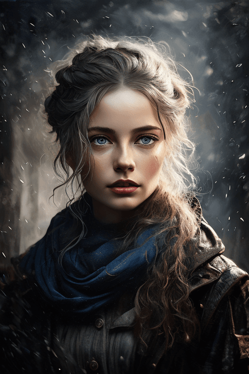 AI generated: mj, a painting of a woman with blue eyes, in the style of dark silver and light black, frostpunk, so...