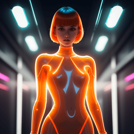AI generated: woman is standing in front of orange light, glossy transparent plastic futuristic clothes, sharp foc...