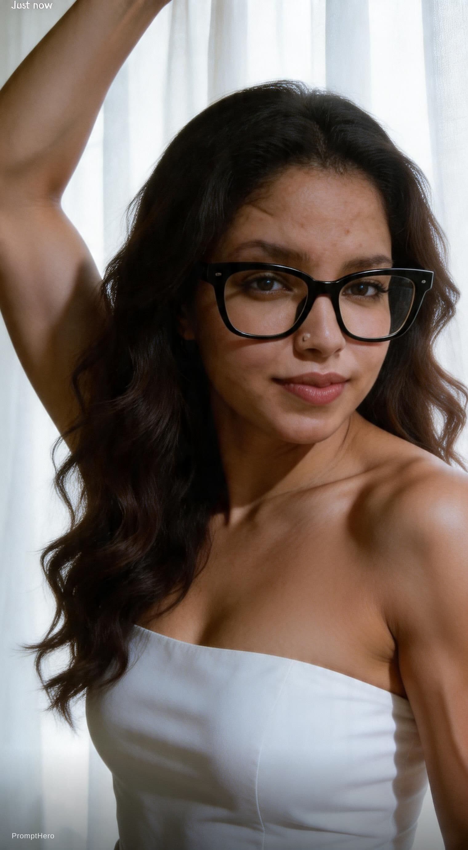 AI generated: Create a close-up portrait of a fit adult female with long dark hair, styled in loose waves, wearing...
