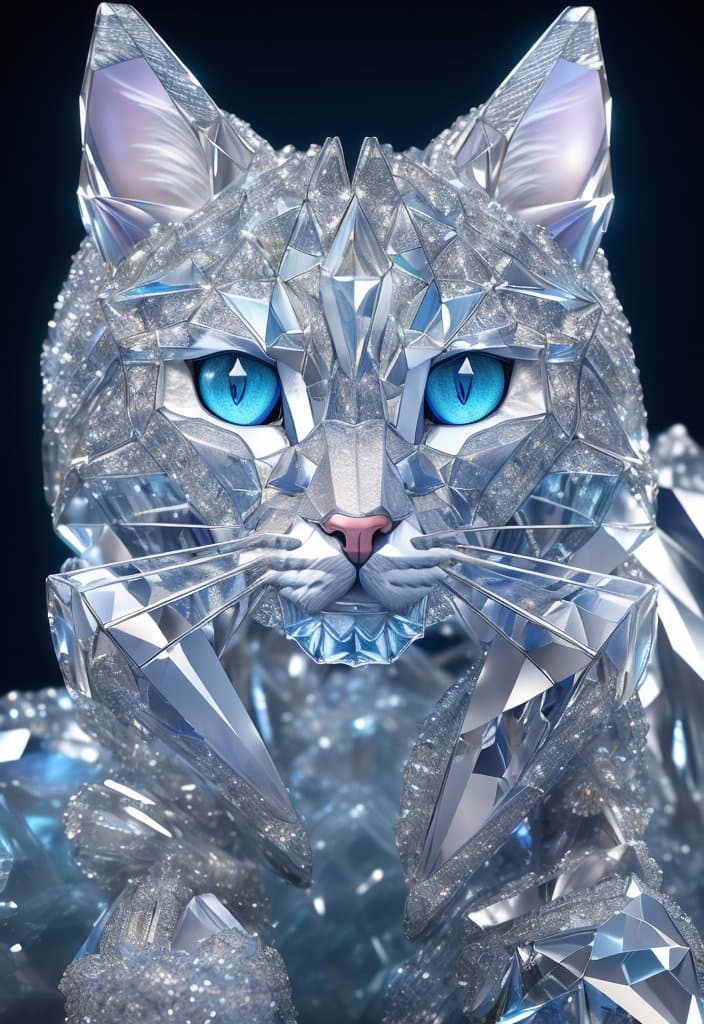 AI generated: a close up of a cat (made from a many cristal fragmrnts:1.2), (crystal cubism:1.2), with blue eyes, ...
