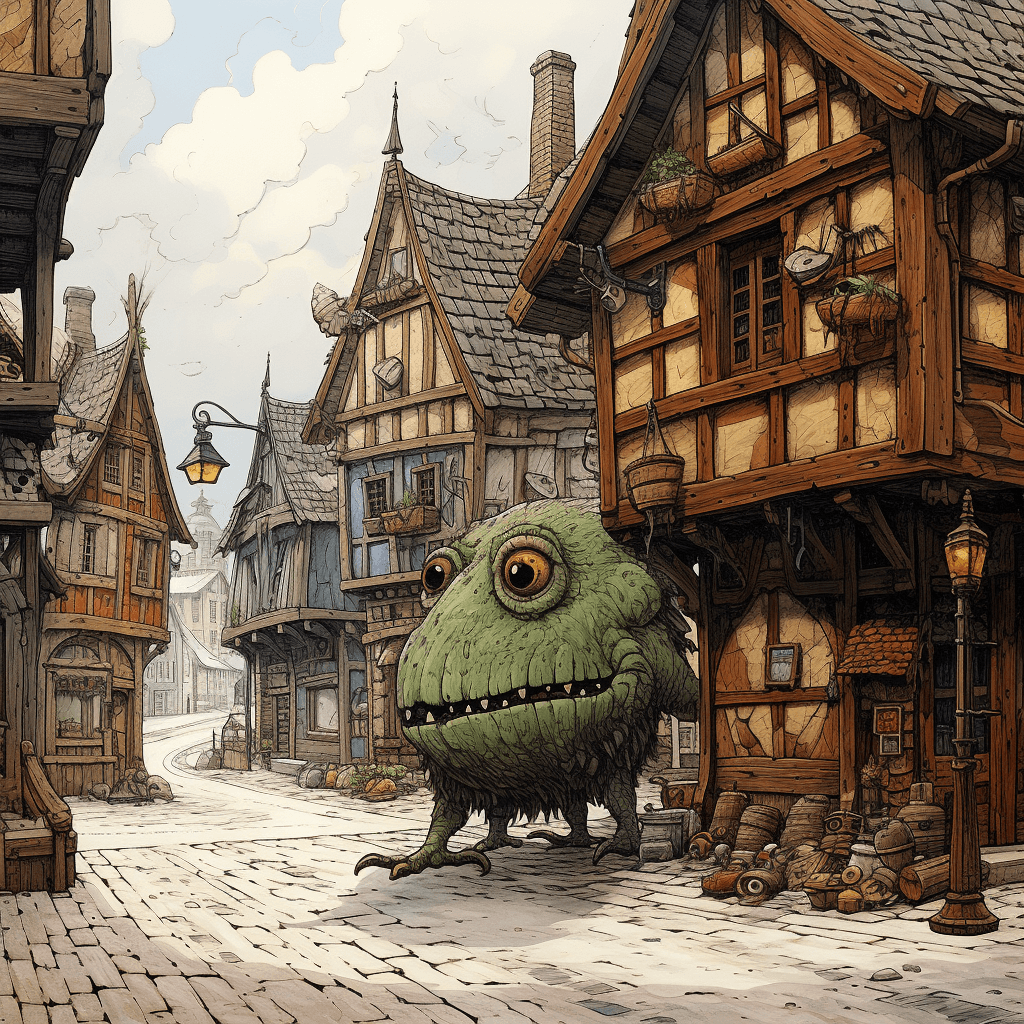 AI generated: giant creature shaped like a lizard, walking using all four legs, medieval looking town with wooden ...