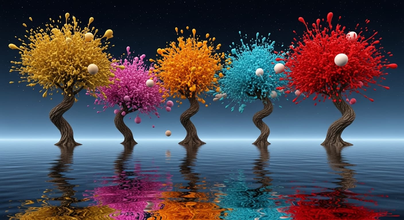 AI generated:   une abstraction  sur un canvas liquide d ,un  paysage aux couleurs d,automne 3d  avec des arbres m...