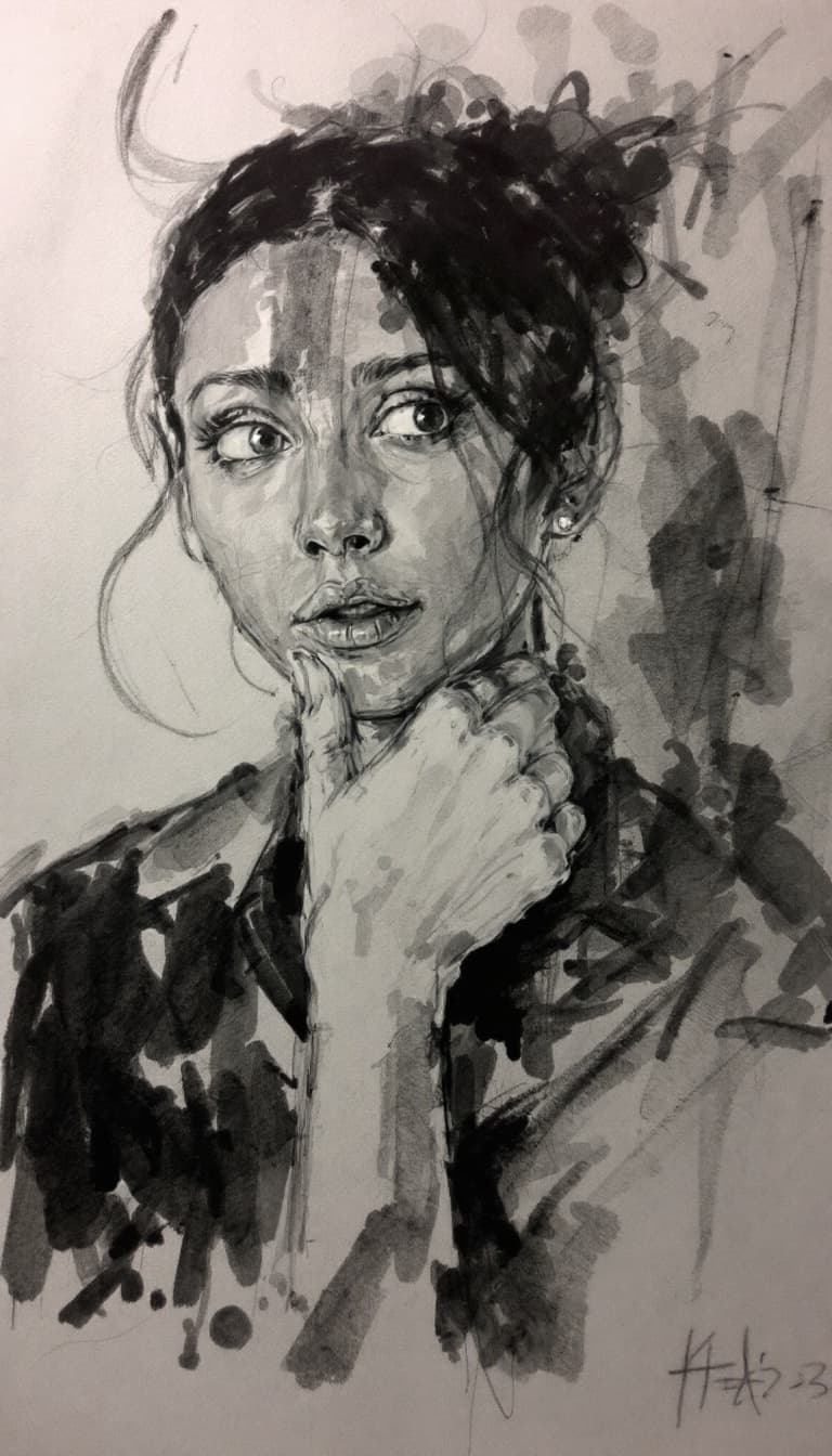AI generated: Girl, charcoal sketch, wondering, 