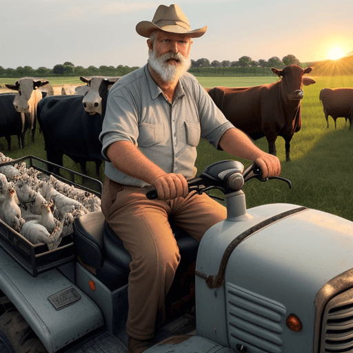 AI generated: A picture of an old grey bearded man riding on an open cab tractor surrounded by a bunch of cows and...