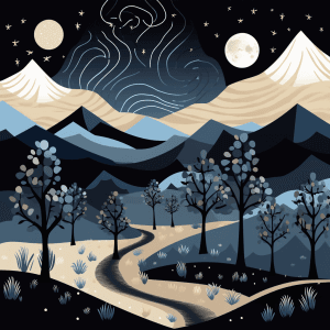 AI generated: Abstract vector, landscape, trees, mountains, clouds, blue and white, artist Amy Earles, Soft Lighti...