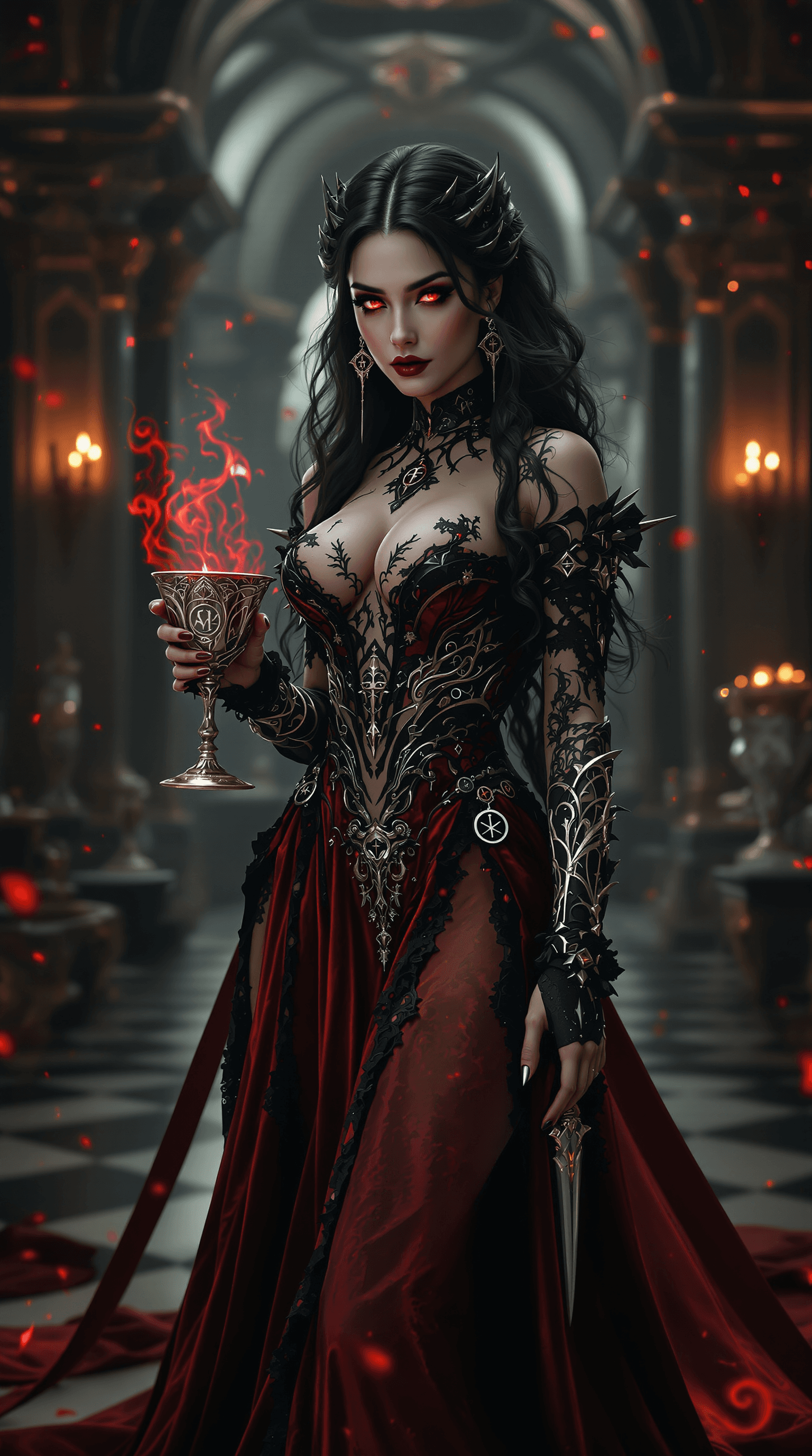 AI generated: an ultra-realistic, full-body portrait of a captivating gothic vampire woman, radiating seductive po...