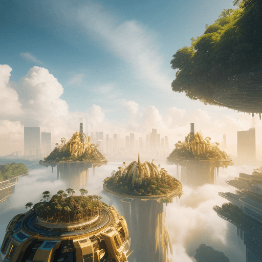 AI generated: golden and white luxurious cyber jungle city + sharp details +on clouds + synnyaccents + flying cars...
