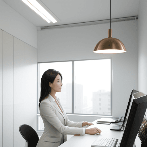 AI generated: woman real estate agent on financial firm office, minimalist and elegant, contemporary style, warm-t...