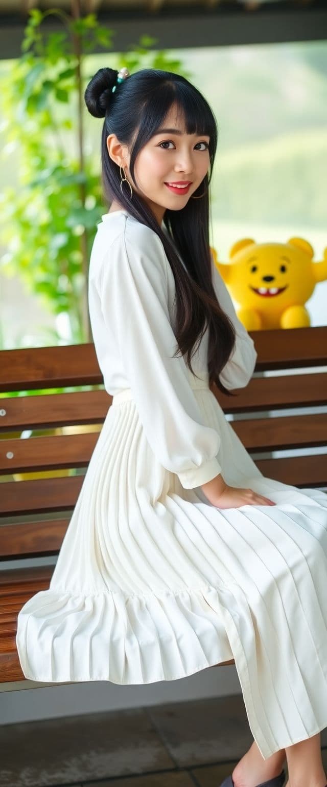 AI generated: a woman Koren girl , Koren ulzzang face, sitting in a bench the arms on knee back, black hair, hair ...