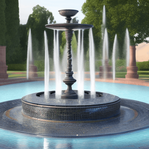 AI generated: Create an image of a round fountain 8meter wide with eight water jets on the edge distributed equall...
