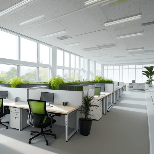 AI generated:    A bright and modern open-plan office space with clean lines and minimalist design. Desks with com...
