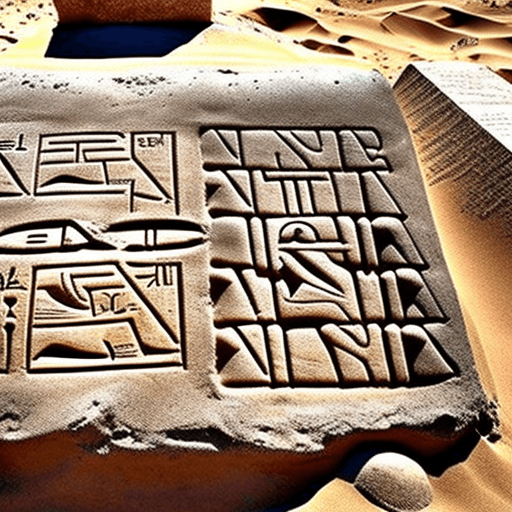 AI generated: An ancient, grey clay tablet inscribed with mysterious hieroglyphs and cuneiform laying half buried ...