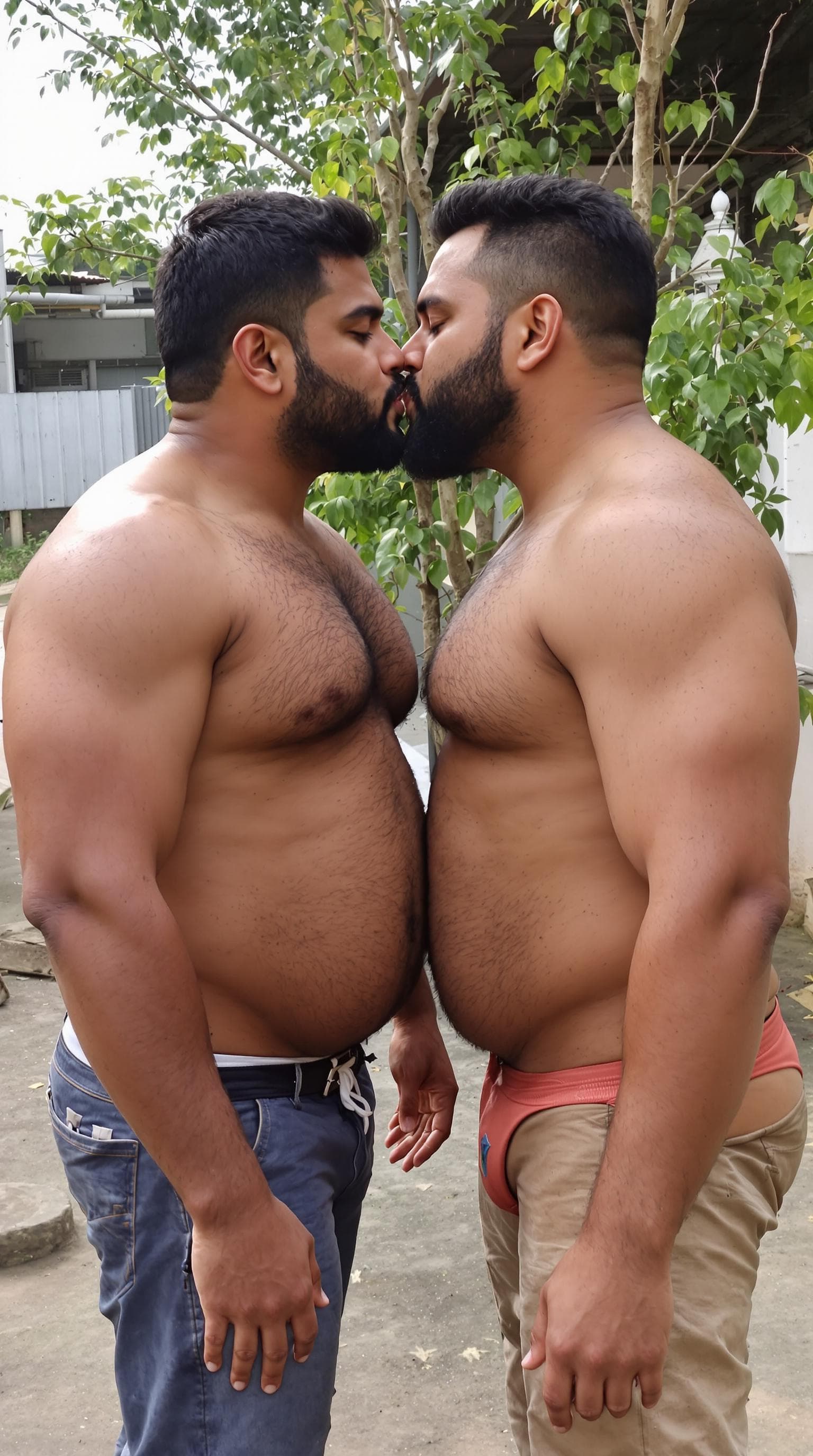 AI generated: North Indian sexy heart shaped ass male and male kissing and touching chest naked gay couple, big bo...