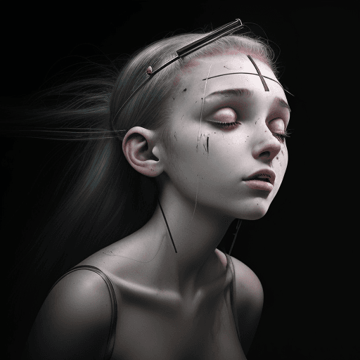 AI generated: Photo of younger woman,18, has a metal rod inserted through her forehead and entering her brain, whi...
