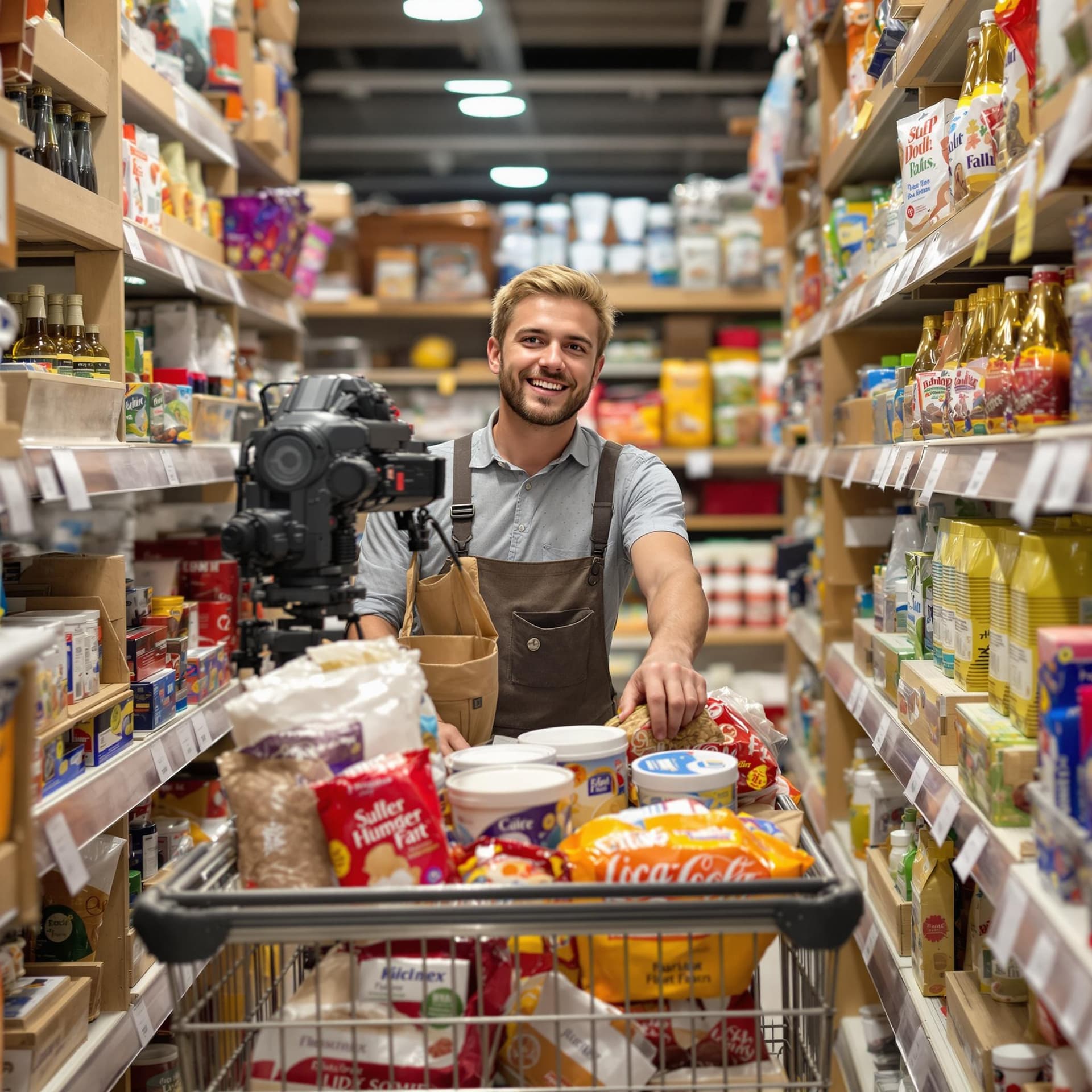 AI generated: a blond salesman deftly places goods from a cart onto shelves and looks at the camera


