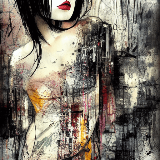 AI generated: aesthetic, painterly style, modern ink, Asian girl, sensual, sultry, dark blouse, expressive pose, u...