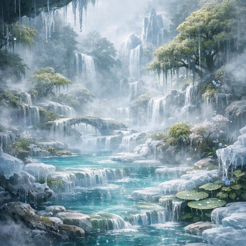 AI generated: Create a unique environment/Biome of a Ice Rivers/Lakes→ The Mist Gardens (thick humidity, water for...