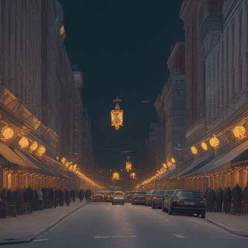 AI generated: a city street filled with lots of traffic at night, a photo, by Serhii Vasylkivsky, flickr, art nouv...