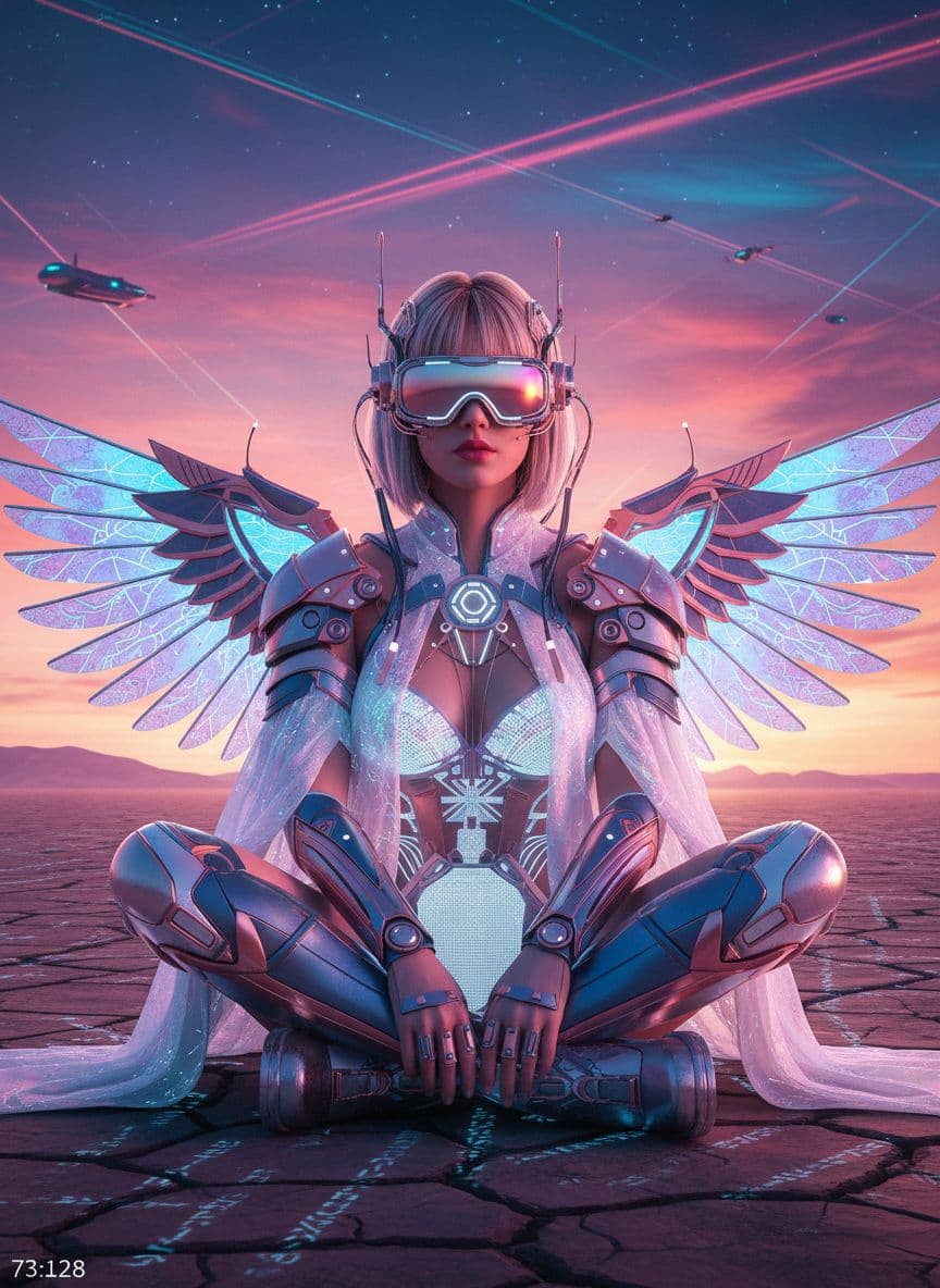 AI generated: female character wearing goggles while sitting in the desert, in the style of cyberpunk imagery, rea...