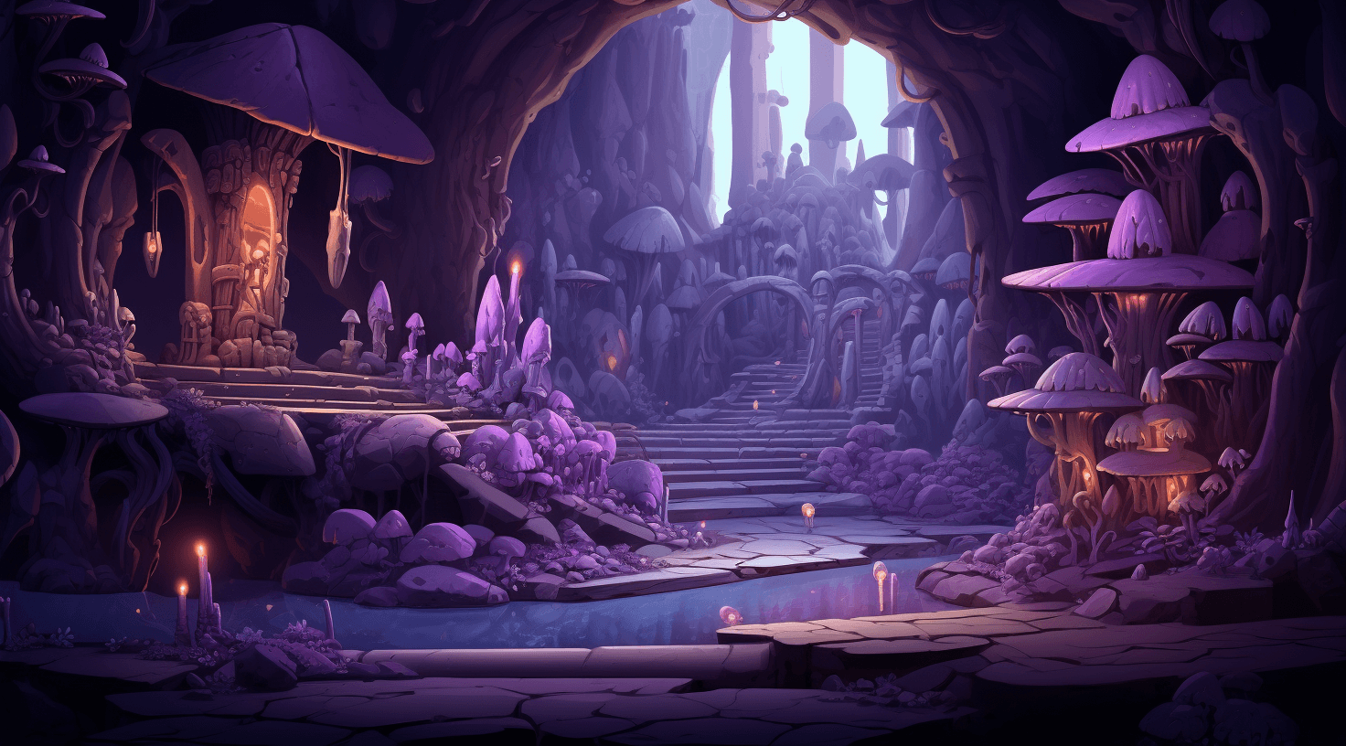 AI generated: a set of mushroom fantasy land with a fireplace, waterfall and stone wall, illustration, in the styl...