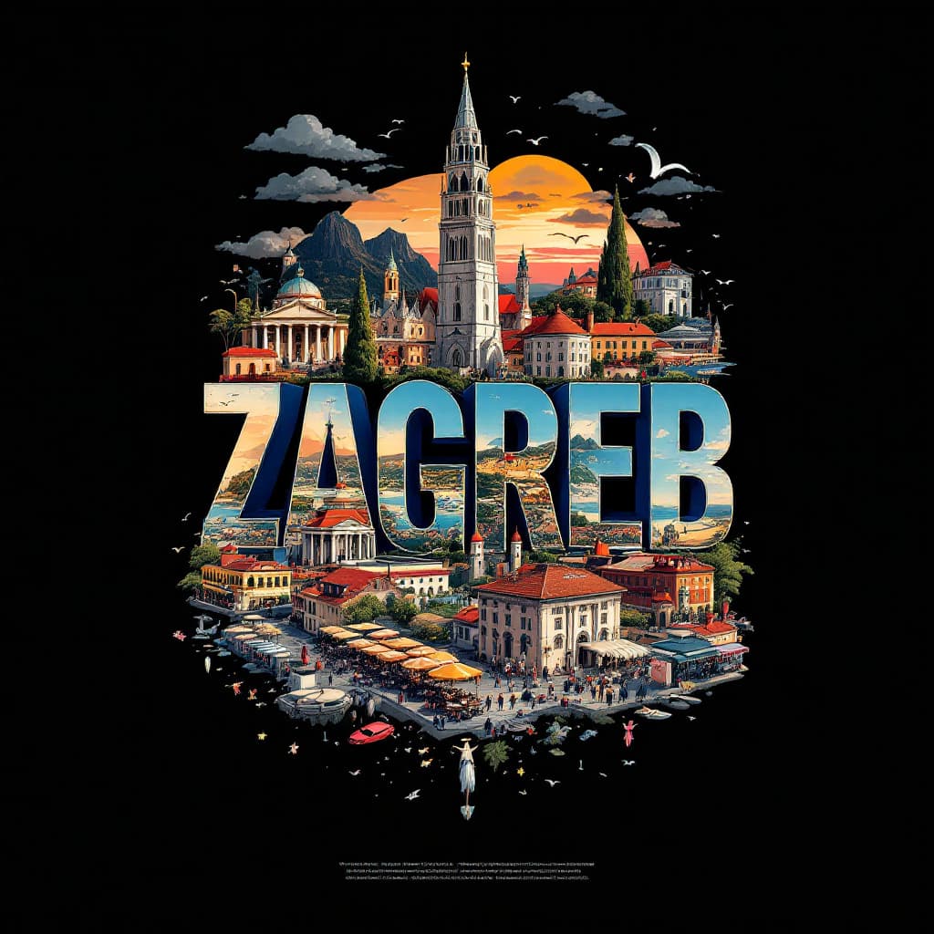 AI generated: A striking, high-contrast cinematic photo-style vertical collage that captures the essence of Zagreb...