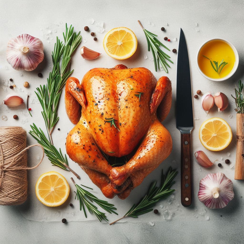 AI generated: Knolling product photo of a delicious roast chicken surrounded by rosemary sprigs, lemon halves, gar...
