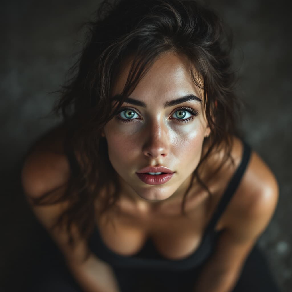 AI generated: close-up of an alluring woman kneeling on the carpeted floor, from above, long tousled brunette hair...
