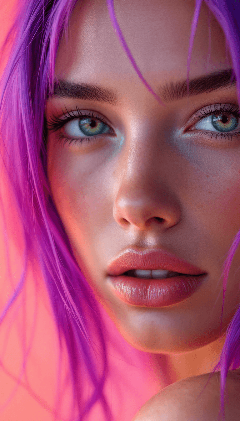AI generated: Close-up portrait of a woman with vibrant purple hair, natural looking skin tones, minimalist photog...