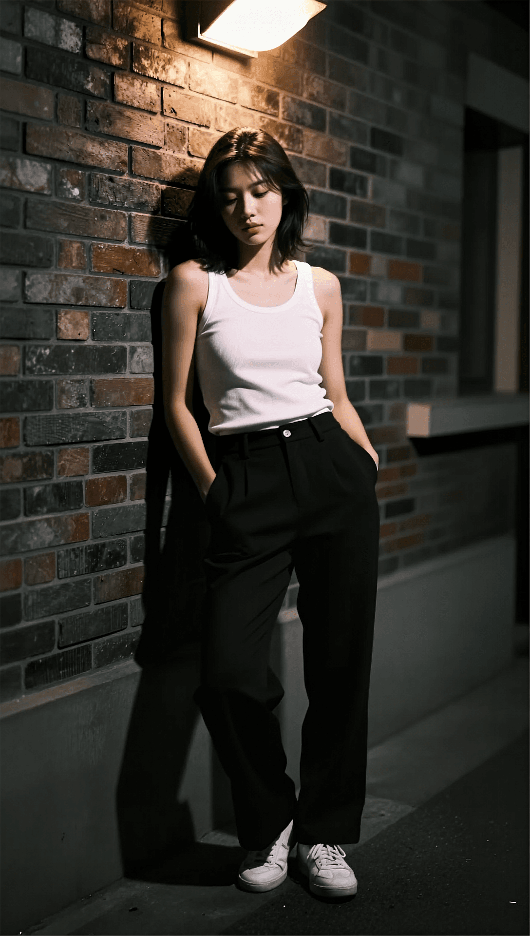 AI generated: A 35mm film photograph of a fit woman in a dimly lit alleyway. She is posing in a relaxed manner, le...