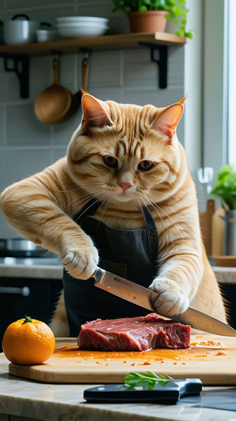 AI generated: Orange lazy cute fat cat is cutting a steak in the kitchen.
