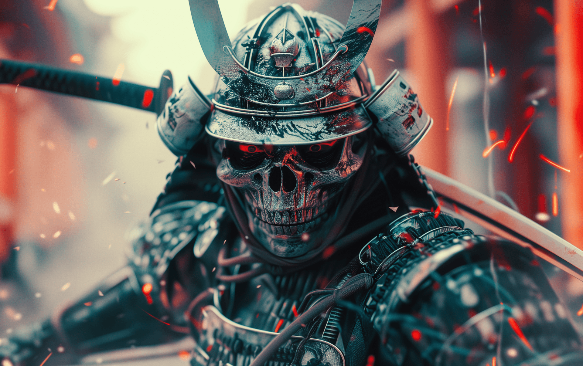AI generated: the coolest looking samurai ever, ready to attack, skull mask, we can see his whole body and two swo...