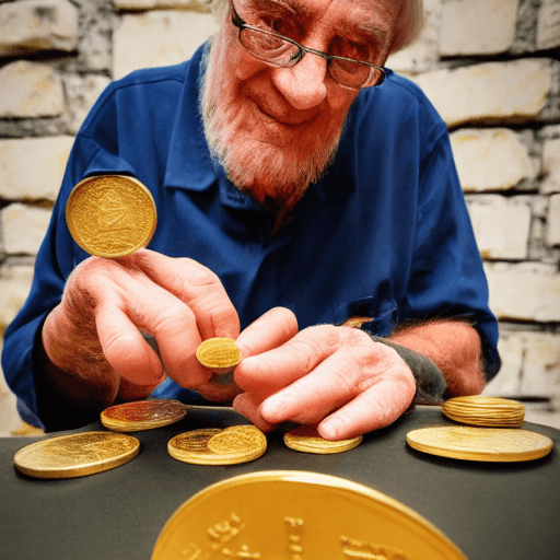 AI generated: old researcher, observing gold greek coin, defocused background