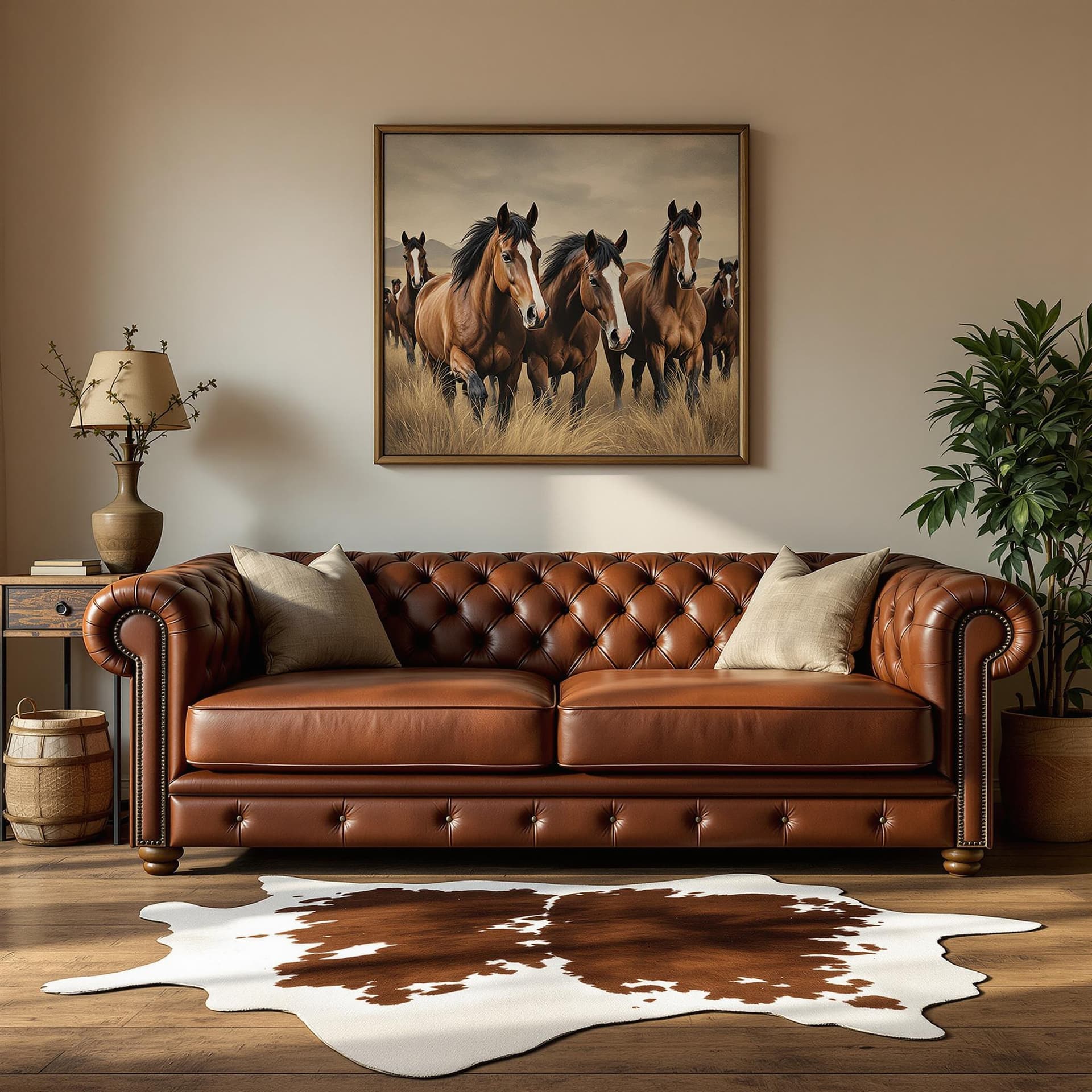 AI generated: photograph, comfy western living room, morning, wood floor, cowhide rug, horses portrait, including ...