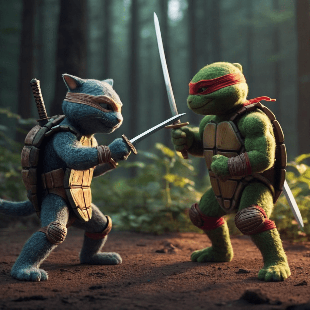 AI generated: Ninja cat and ninja turtle fighting in a twilight forest
