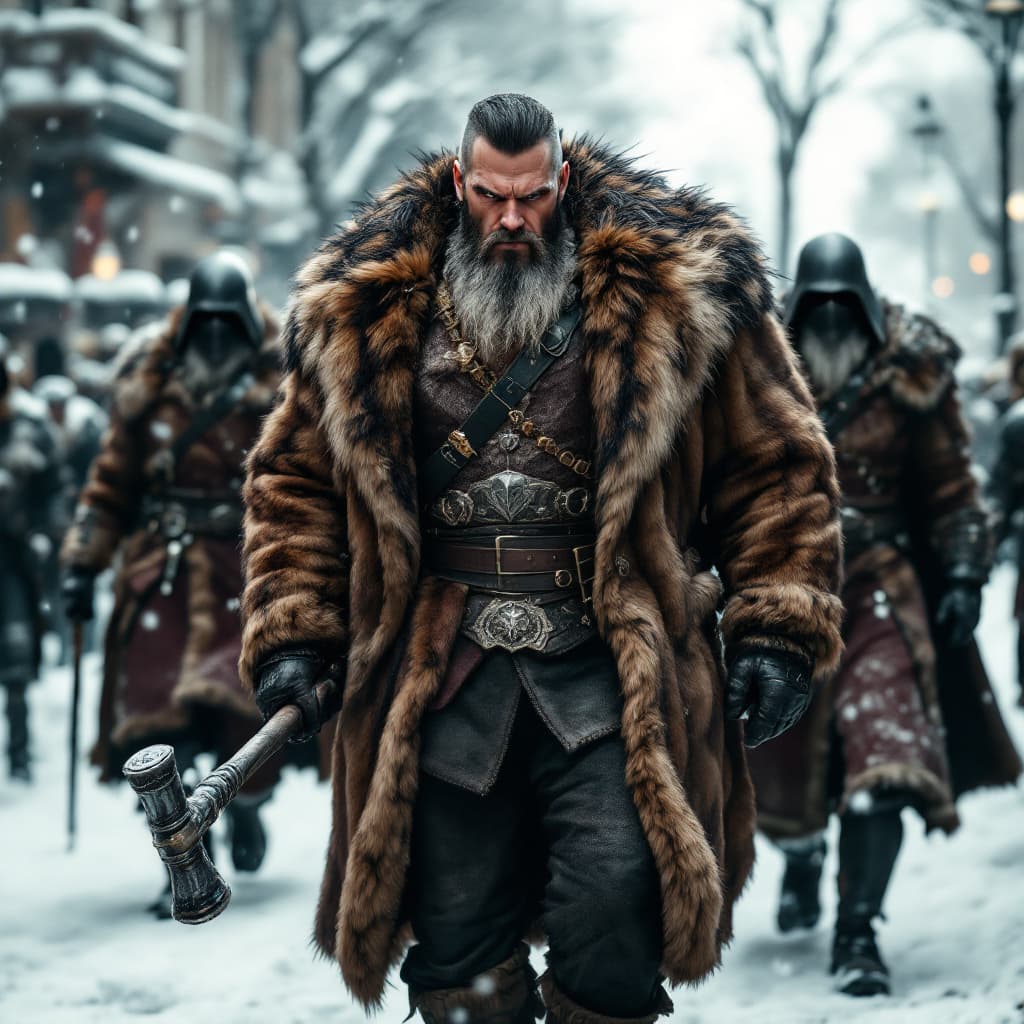 AI generated: A rich strongman, holding a mace in his hands, dressed in an expensive fur coat, walks down the stre...