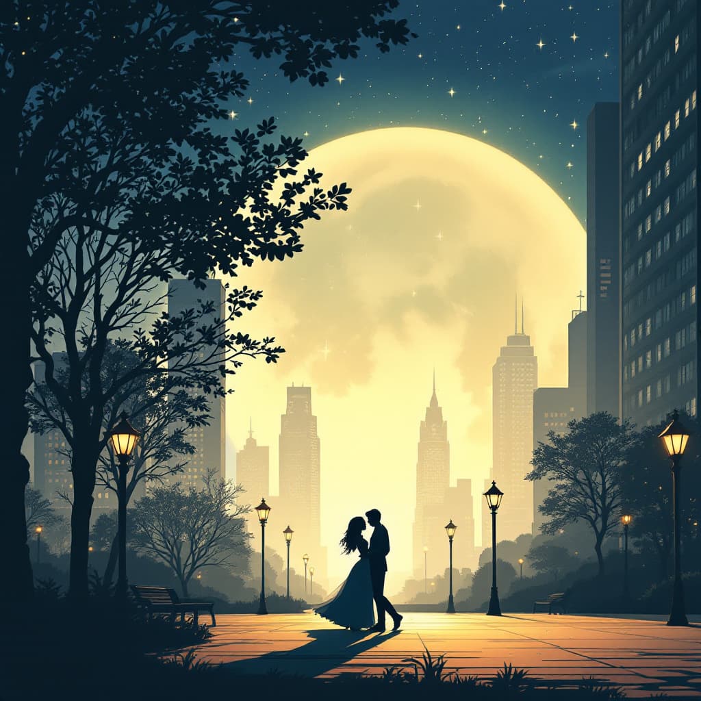 AI generated: anime styles a silhouette couples slow dancing  in the middle of quite public city park under the mo...