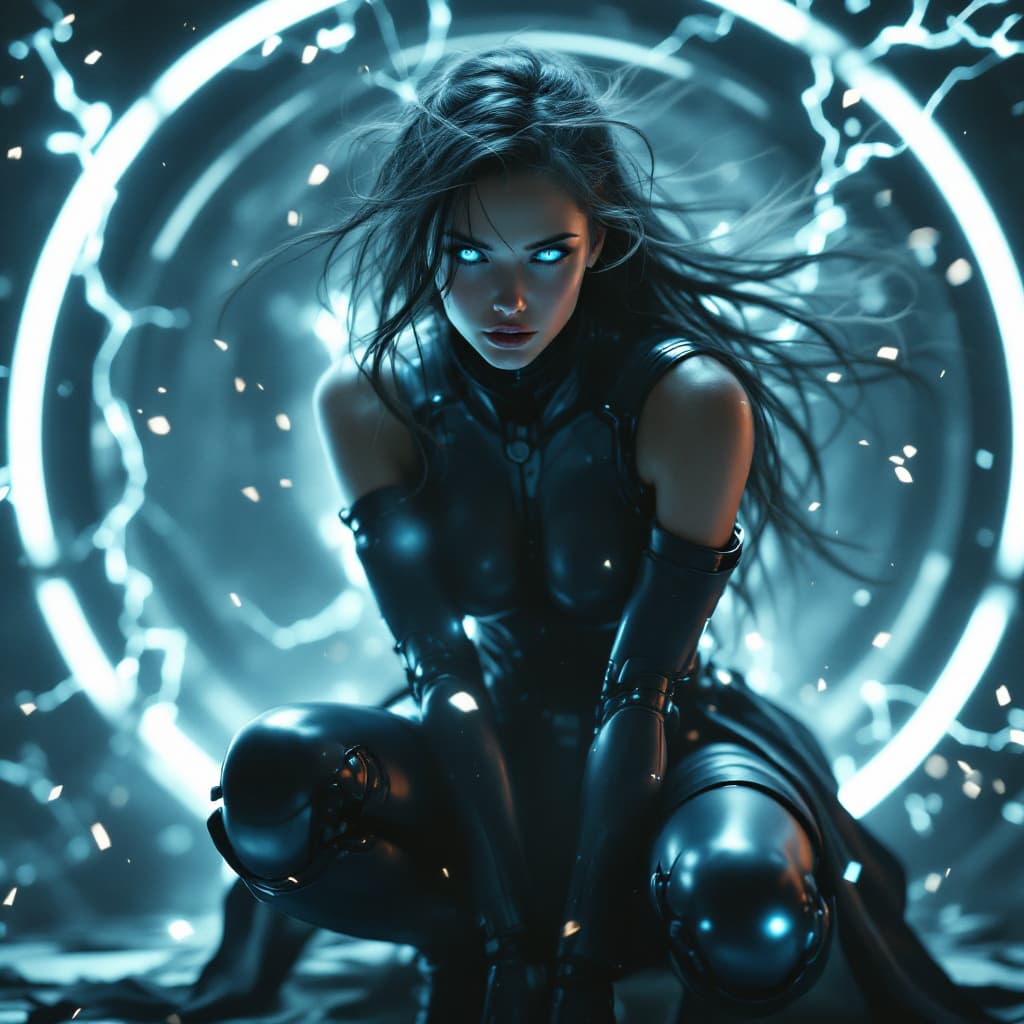 AI generated: In a breathtaking 8K wallpaper, a stunning female android combatant from the future crouches on one ...