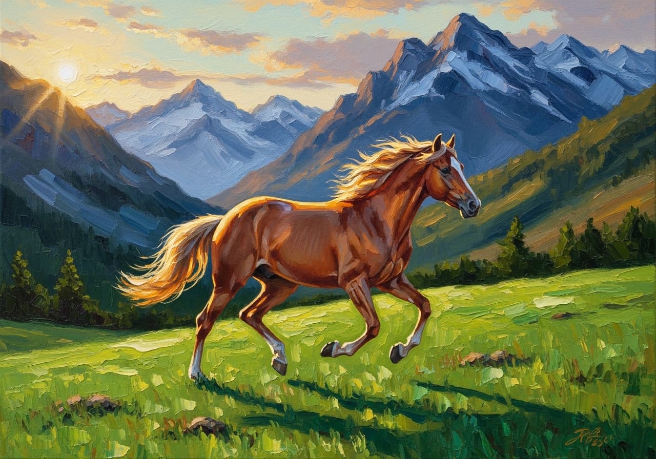 AI generated: oil painting of a horse galloping through a green grassy field up in the mountains