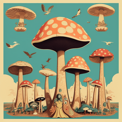AI generated: a collage illustration of birds and giant mushrooms in a dystopic natural environment, collage retro...