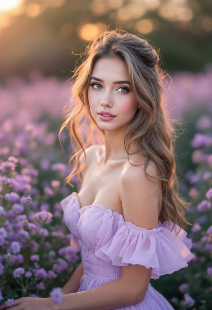 AI generated: A beautiful girl in a lavender dress, in the middle of a field full of purple flowers, with sunset l...
