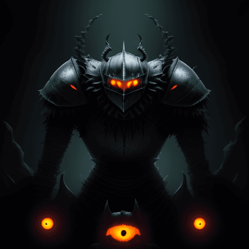 AI generated: knight in a black room. with monsters glowing orange eyes all arownd him.